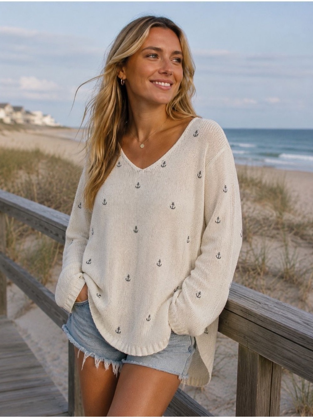 Wooden Ships Anchor Print Sweater Medium Large Ivory Nautical Coastal